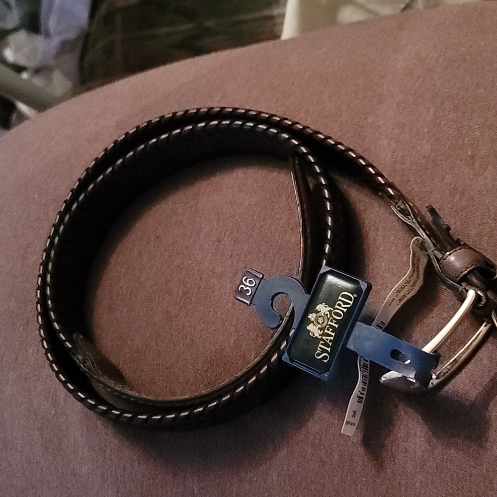 36 INCH STAFFORD BROWN WOVEN LEATHER BELT W/ GOLD HARDWARE